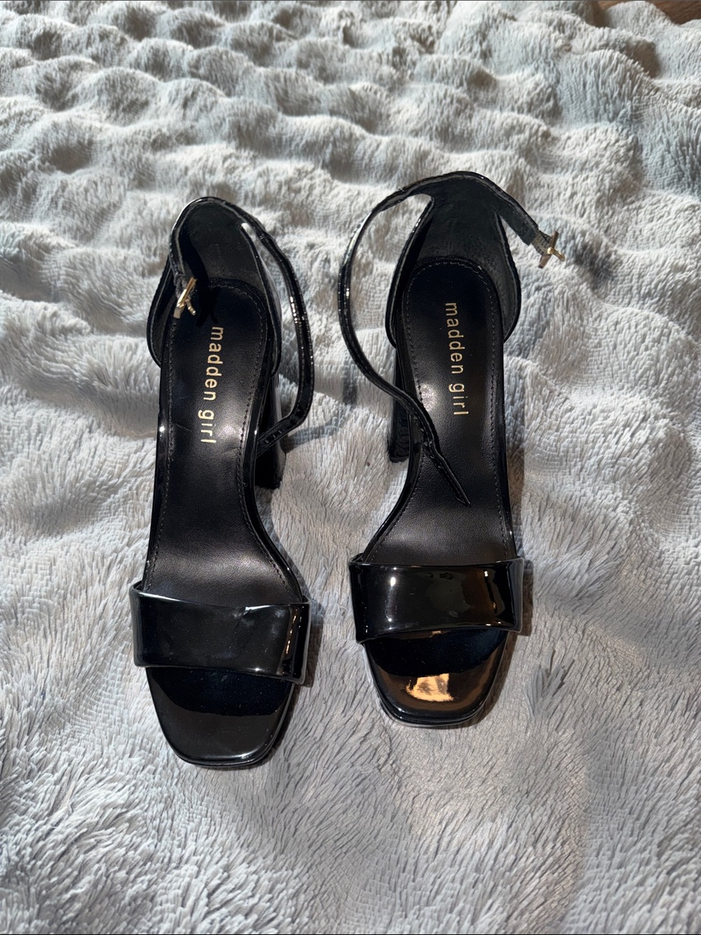 Madden Girl Black Patent Ankle-Strap Block Heels